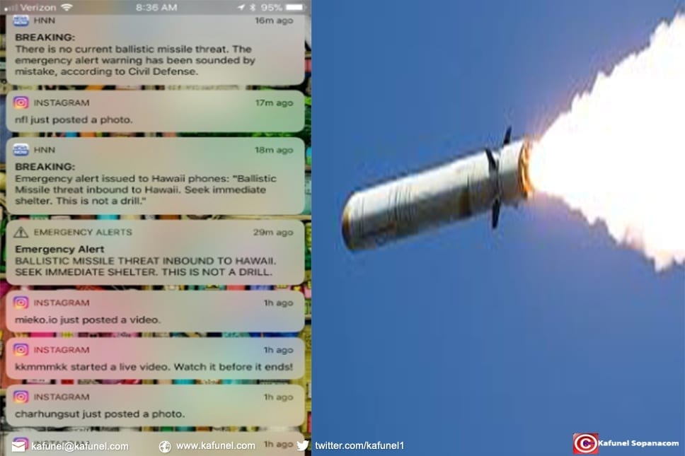 Capture d'écran du smartphone du photographe de l'AFP à Honolulu, Hawaï, montrant les messages d'alerte reçus le 13 janvier 2018, qui était fausse Capture d'écran du smartphone du photographe de l'AFP à Honolulu, Hawaï, montrant les messages d'alerte reçus le 13 janvier 2018, qui était fausse (Photo Eugene Tanner/afp.com)