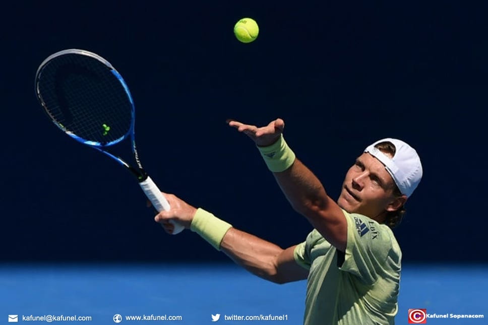 Le Tchèque Tomas Berdych face à l'Italien Fabio Fognini lors de l'Open d'Australie, le 22 janvier 2018 à Melbourne Le Tchèque Tomas Berdych face à l'Italien Fabio Fognini lors de l'Open d'Australie, le 22 janvier 2018 à Melbourne