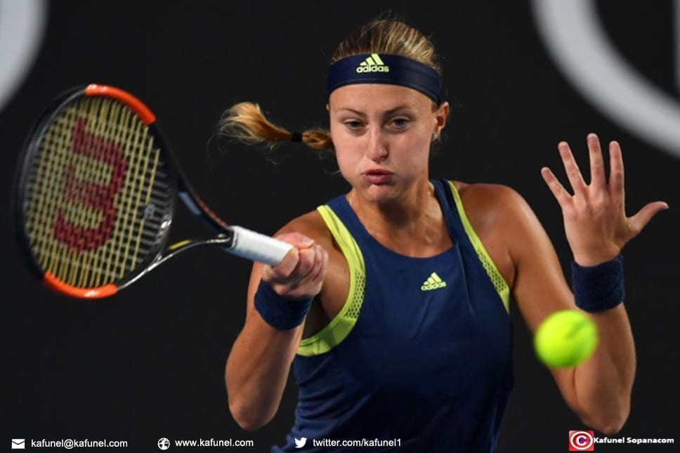 La Française Kristina Mladenovic lors du premier tour de l'Open d'Australie, le 16 janvier 2018 à Melbourne La Française Kristina Mladenovic lors du premier tour de l'Open d'Australie, le 16 janvier 2018 à Melbourne