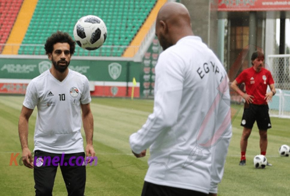 L'attaquant vedette Mohamed Salah à l'entraînement au camp de base de Grozny, le 16 juin 2018 au lendemain du premier match de l'Egypte en Coupe du monde.jpg