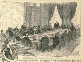 Gravure montrant les participants à la conférence de Berlin en 1885.