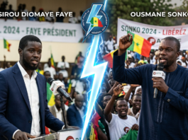 Divorce Diomaye Sonko ? 7 Scénarios Chocs De Leur Séparation / Bassirou Diomaye Faye and Ousmane Sonko speaking at separate campaign events with supporters and Senegal flags